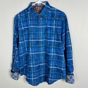 Robert Graham Long Sleeve Blue Plaid Collared Shirt Mens Size Medium Cotton
